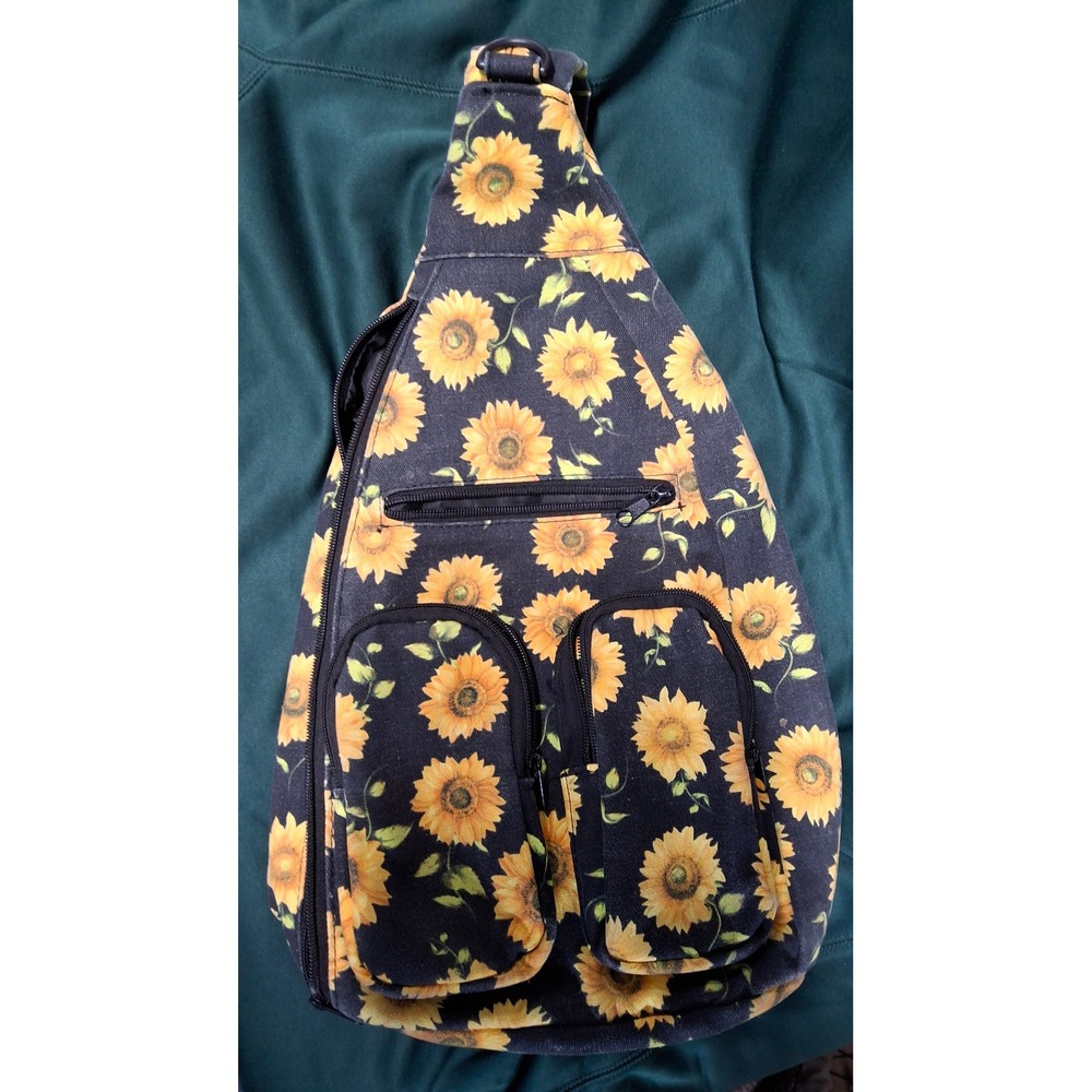 Sunflower Canvas Sling Backpack Black Crossbody ShoulderBag Multi-Pocket/b7